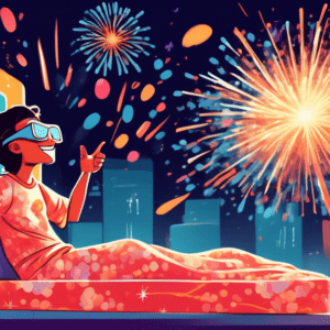 A mattress tester wearing a blindfold and pajamas, ecstatic and giving a thumbs up while fireworks explode behind a luxurious Emma mattress on sale with a Best I've Seen! speech bubble.