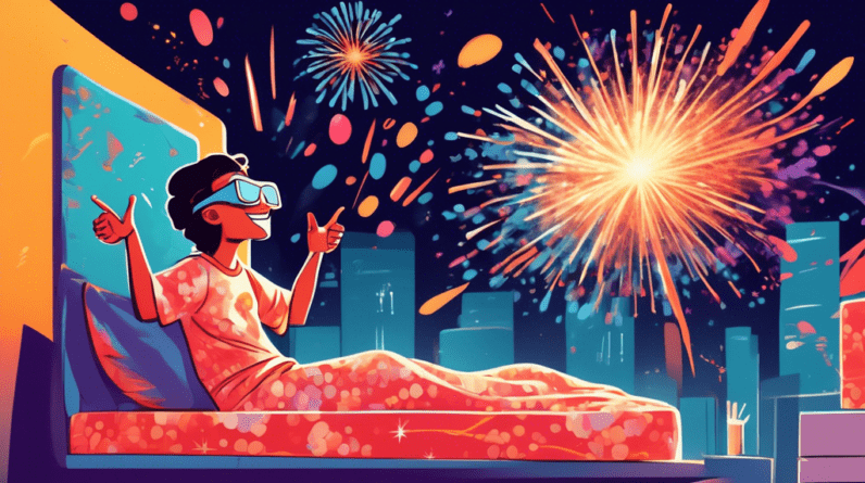 A mattress tester wearing a blindfold and pajamas, ecstatic and giving a thumbs up while fireworks explode behind a luxurious Emma mattress on sale with a Best I've Seen! speech bubble.