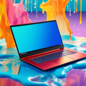 A sleek Lenovo 2-in-1 laptop hovering over a puddle of melting, defeated Amazon Prime Day logos.