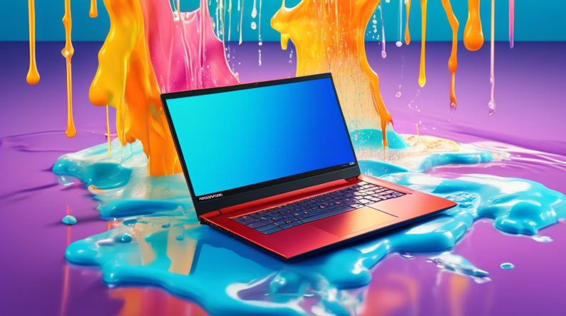 A sleek Lenovo 2-in-1 laptop hovering over a puddle of melting, defeated Amazon Prime Day logos.