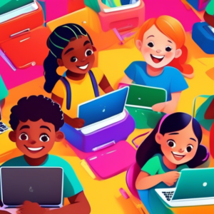 A diverse group of children smiling and using Chromebooks in vibrant colored cases with educational apps open on screen, surrounded by school supplies.