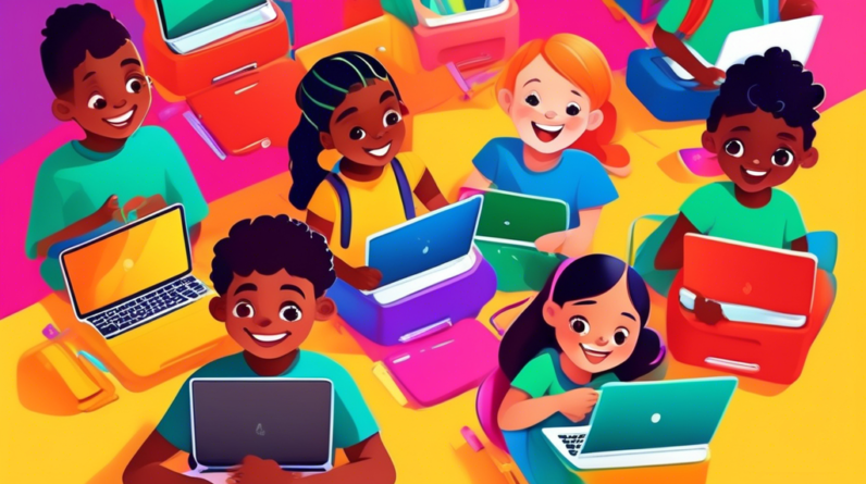A diverse group of children smiling and using Chromebooks in vibrant colored cases with educational apps open on screen, surrounded by school supplies.
