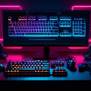 A futuristic display of the top gaming keyboards of 2024 with glowing RGB lights, floating above a gamer's desk setup in a dark room.