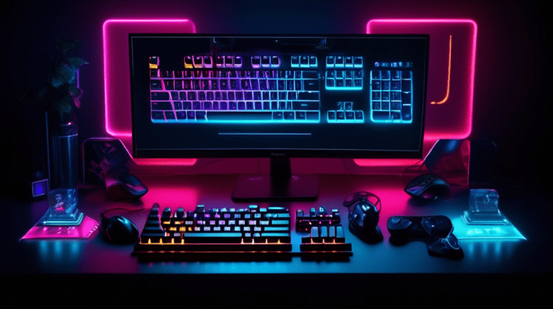 A futuristic display of the top gaming keyboards of 2024 with glowing RGB lights, floating above a gamer's desk setup in a dark room.