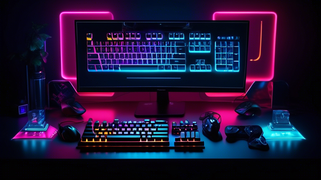 A futuristic display of the top gaming keyboards of 2024 with glowing RGB lights, floating above a gamer's desk setup in a dark room.