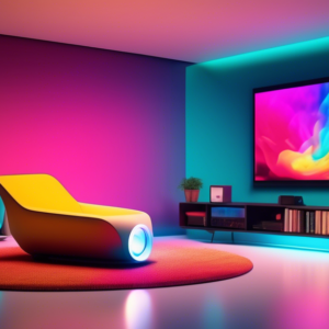 A sleek and modern portable projector casting a vibrant image on a wall, surrounded by other top-of-the-line tech gadgets in a minimalist living room.