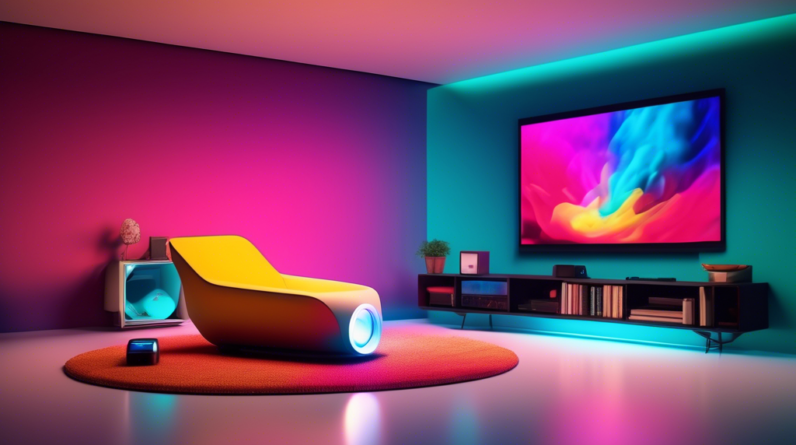 A sleek and modern portable projector casting a vibrant image on a wall, surrounded by other top-of-the-line tech gadgets in a minimalist living room.