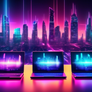 Sleek, powerful laptops arranged on a desk with glowing code on their screens and a futuristic city skyline in the background.