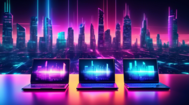 Sleek, powerful laptops arranged on a desk with glowing code on their screens and a futuristic city skyline in the background.