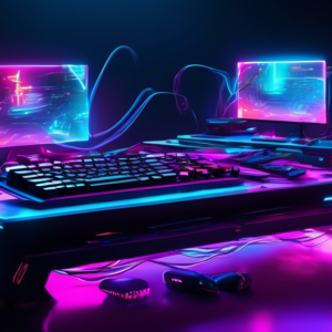 A futuristic gaming setup with multiple vibrant RGB mechanical keyboards levitating in a dark room, glowing wires, cyberpunk aesthetic