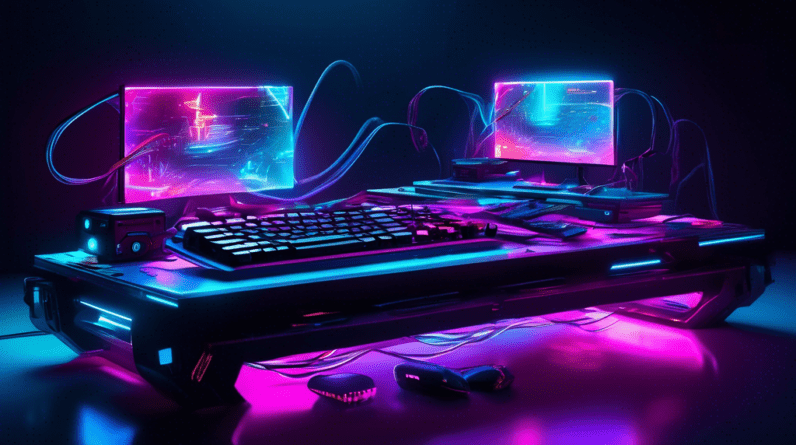 A futuristic gaming setup with multiple vibrant RGB mechanical keyboards levitating in a dark room, glowing wires, cyberpunk aesthetic