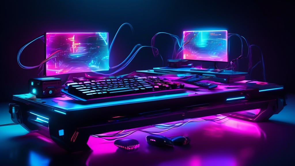 A futuristic gaming setup with multiple vibrant RGB mechanical keyboards levitating in a dark room, glowing wires, cyberpunk aesthetic