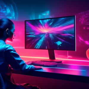 A futuristic ultrawide computer monitor displaying stunning visuals with a person in a dimly lit room looking impressed.