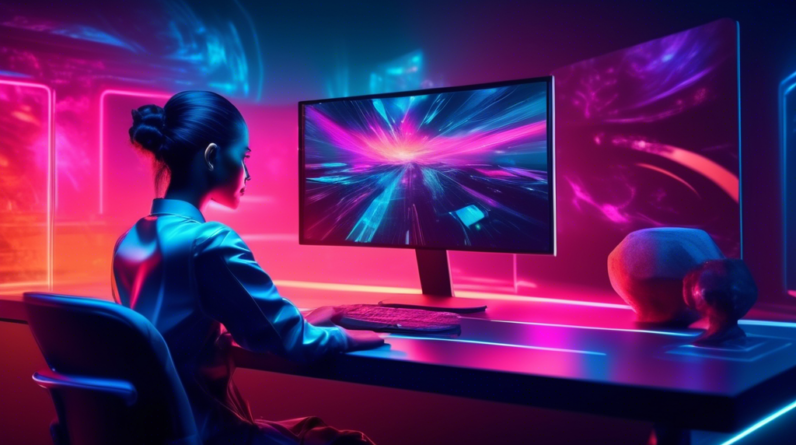 A futuristic ultrawide computer monitor displaying stunning visuals with a person in a dimly lit room looking impressed.