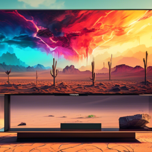 A Toshiba 75 inch TV with a glowing Amazon Prime logo on the screen falling through a cracked sky towards a desert landscape with a $500 price tag.