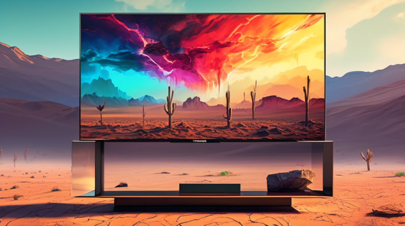 A Toshiba 75 inch TV with a glowing Amazon Prime logo on the screen falling through a cracked sky towards a desert landscape with a $500 price tag.