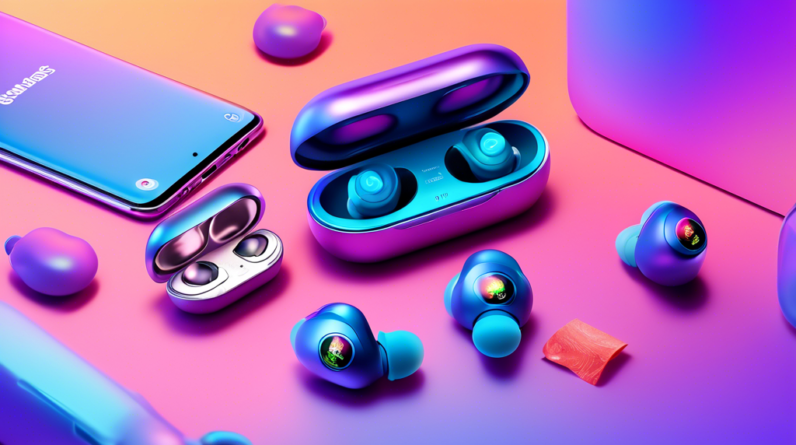 A pair of Galaxy Buds 3 Pro wireless earbuds sitting inside their charging case, with a $100 bill and various older earbuds scattered around them. A glowing Trade Up banner shines in the background.