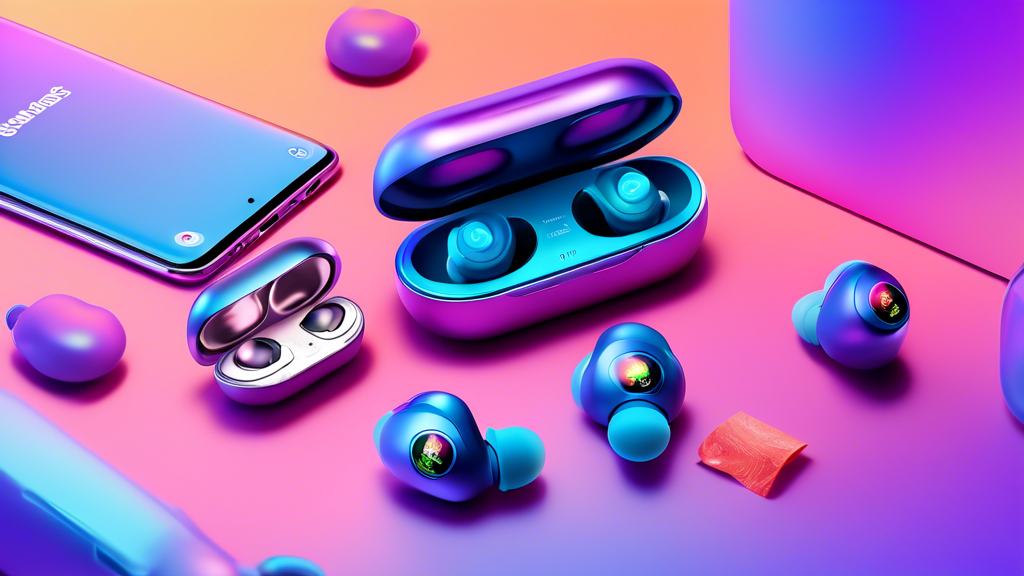A pair of Galaxy Buds 3 Pro wireless earbuds sitting inside their charging case, with a $100 bill and various older earbuds scattered around them. A glowing Trade Up banner shines in the background.