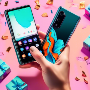 A hand holding a cracked smartphone next to a futuristic-looking Samsung Galaxy Z Fold 6, with $1200 worth of cash floating around them and a gift box labeled Free Perks in the background.