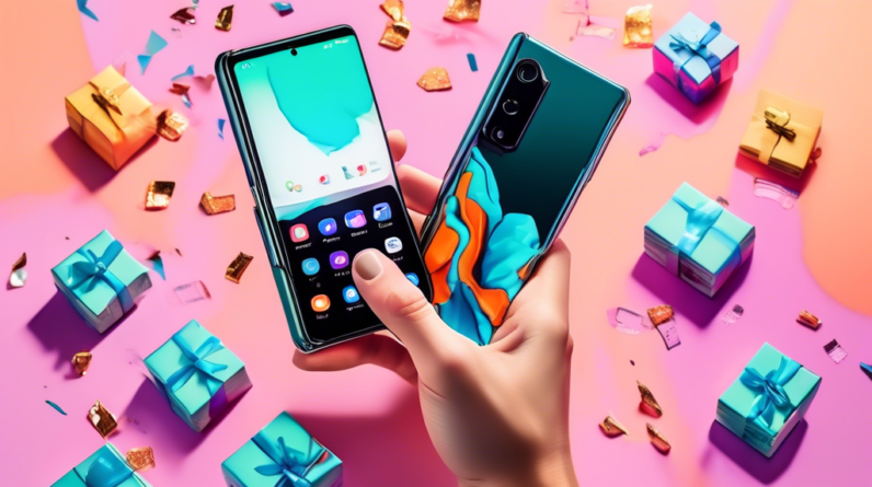 A hand holding a cracked smartphone next to a futuristic-looking Samsung Galaxy Z Fold 6, with $1200 worth of cash floating around them and a gift box labeled Free Perks in the background.