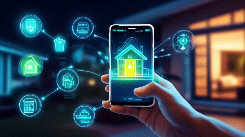 A hand holding a smartphone with a futuristic interface displaying Home Security Survey and icons for cameras, locks, and doorbells, with a glowing house outline in the background.