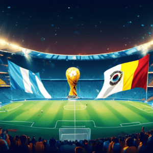 A packed soccer stadium at night, illuminated by floodlights, with a digital Argentinian flag on one side and a digital Colombian flag on the other, a banner reading Copa America Final 2024 hanging be