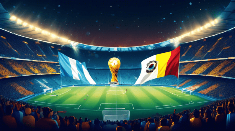 A packed soccer stadium at night, illuminated by floodlights, with a digital Argentinian flag on one side and a digital Colombian flag on the other, a banner reading Copa America Final 2024 hanging be