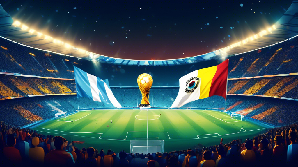 A packed soccer stadium at night, illuminated by floodlights, with a digital Argentinian flag on one side and a digital Colombian flag on the other, a banner reading Copa America Final 2024 hanging be