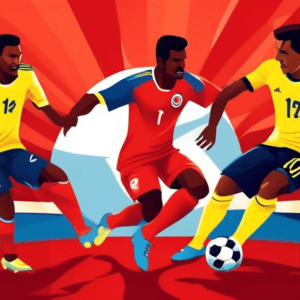 Colombian soccer players in yellow jerseys battling Panamanian players in red jerseys for a soccer ball under a stadium spotlight, with the Copa America logo in the background