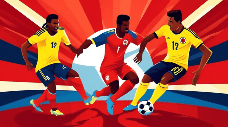 Colombian soccer players in yellow jerseys battling Panamanian players in red jerseys for a soccer ball under a stadium spotlight, with the Copa America logo in the background