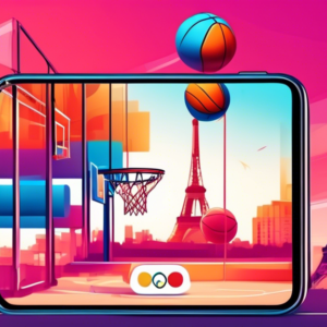 A basketball hoop with the Olympic rings hanging from it against a backdrop of the Eiffel Tower and a smartphone displaying a live stream of a 3x3 basketball game.