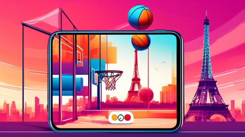 A basketball hoop with the Olympic rings hanging from it against a backdrop of the Eiffel Tower and a smartphone displaying a live stream of a 3x3 basketball game.