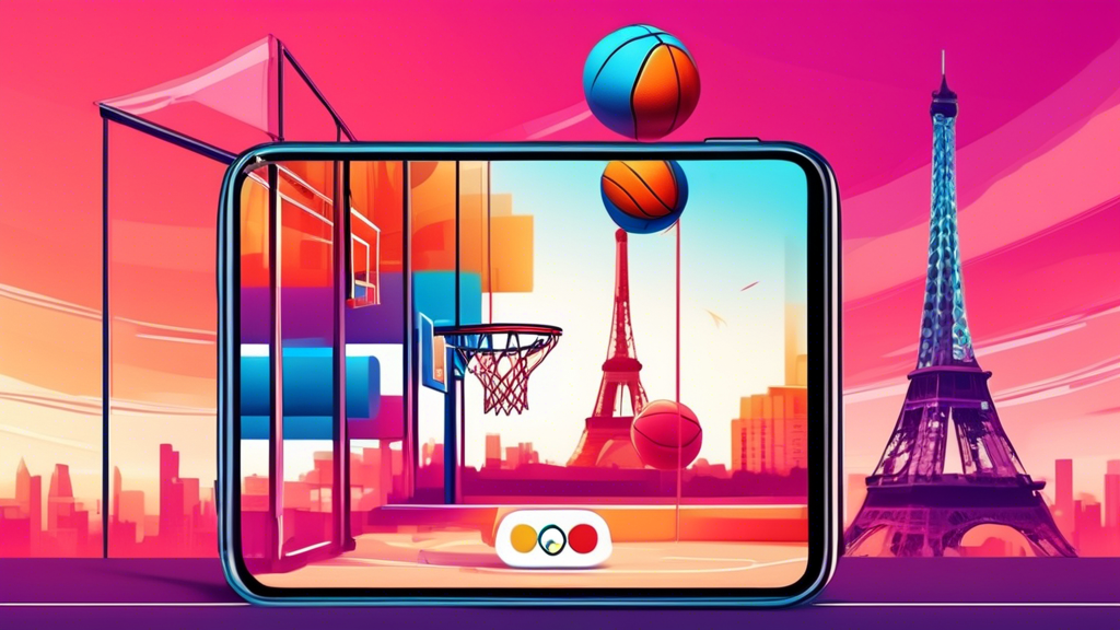 A basketball hoop with the Olympic rings hanging from it against a backdrop of the Eiffel Tower and a smartphone displaying a live stream of a 3x3 basketball game.