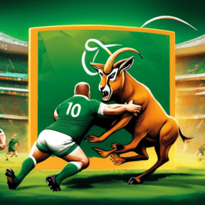 A Springbok and a Celtic warrior clashing in a rugby tackle, surrounded by a roaring, colorful stadium with South Africa vs Ireland illuminated on a giant screen.