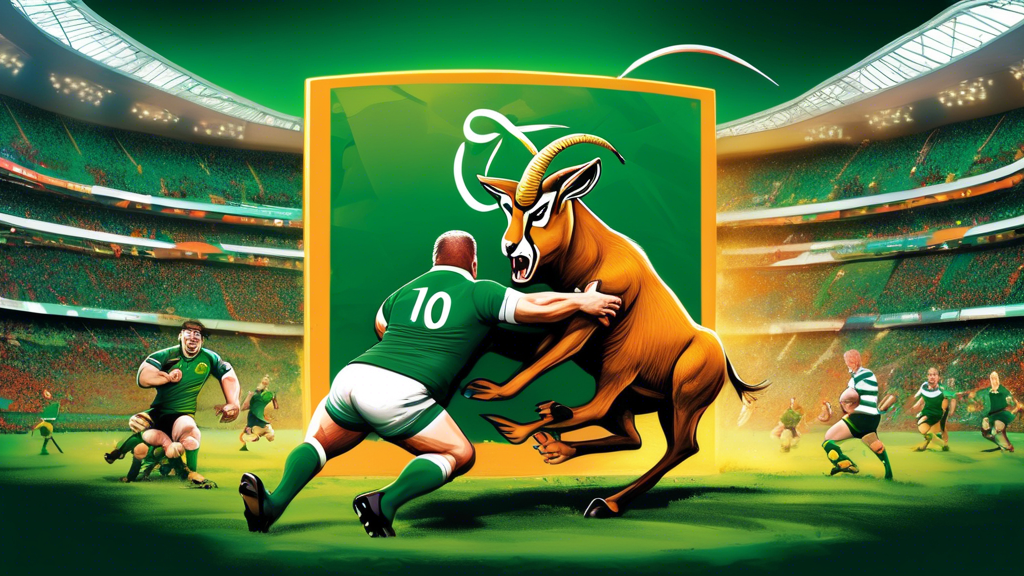 A Springbok and a Celtic warrior clashing in a rugby tackle, surrounded by a roaring, colorful stadium with South Africa vs Ireland illuminated on a giant screen.