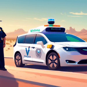 A Waymo robotaxi with its hazard lights on, being pulled over by a confused-looking police officer on a desert road in Phoenix, Arizona. The robotaxi is facing oncoming traffic.