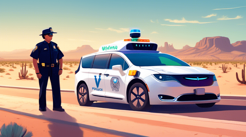 A Waymo robotaxi with its hazard lights on, being pulled over by a confused-looking police officer on a desert road in Phoenix, Arizona. The robotaxi is facing oncoming traffic.