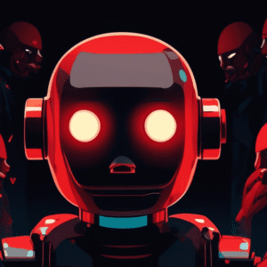 A robot with its mouth covered by a large red X surrounded by shadowy figures whispering in a dark room.