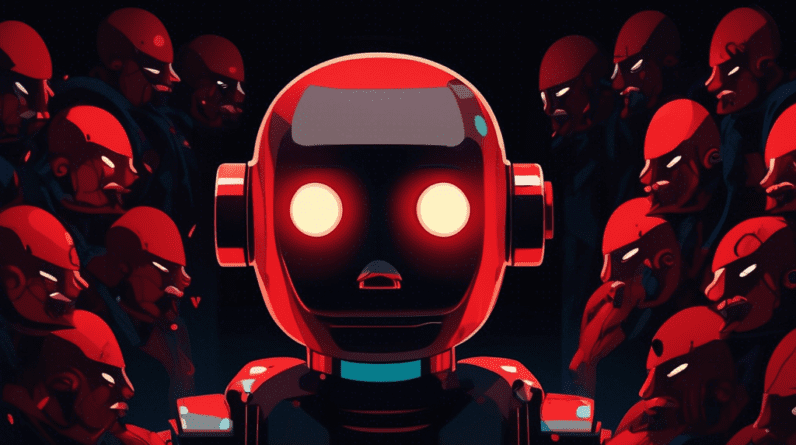 A robot with its mouth covered by a large red X surrounded by shadowy figures whispering in a dark room.