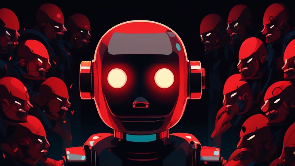 A robot with its mouth covered by a large red X surrounded by shadowy figures whispering in a dark room.