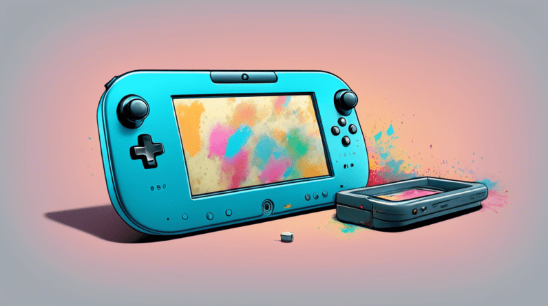 A dusty and cobwebbed Wii U console lying on its side with a single tear rolling down the face of its gamepad.