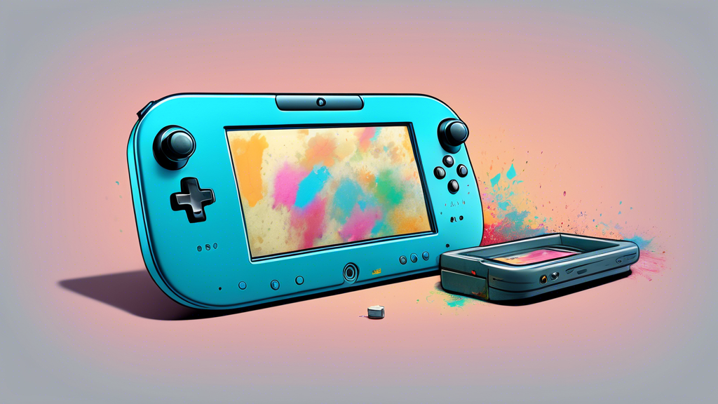A dusty and cobwebbed Wii U console lying on its side with a single tear rolling down the face of its gamepad.