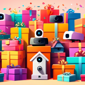 A mountain of colorful gift boxes with a home security camera, a smart lock, and a video doorbell peeking out from the top.