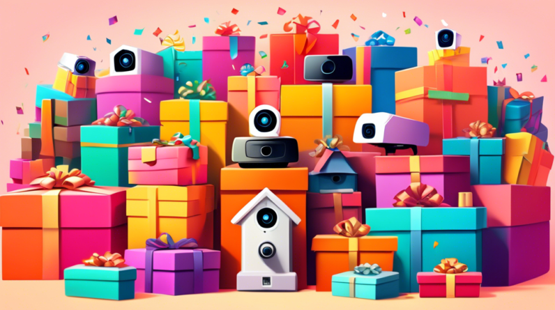 A mountain of colorful gift boxes with a home security camera, a smart lock, and a video doorbell peeking out from the top.
