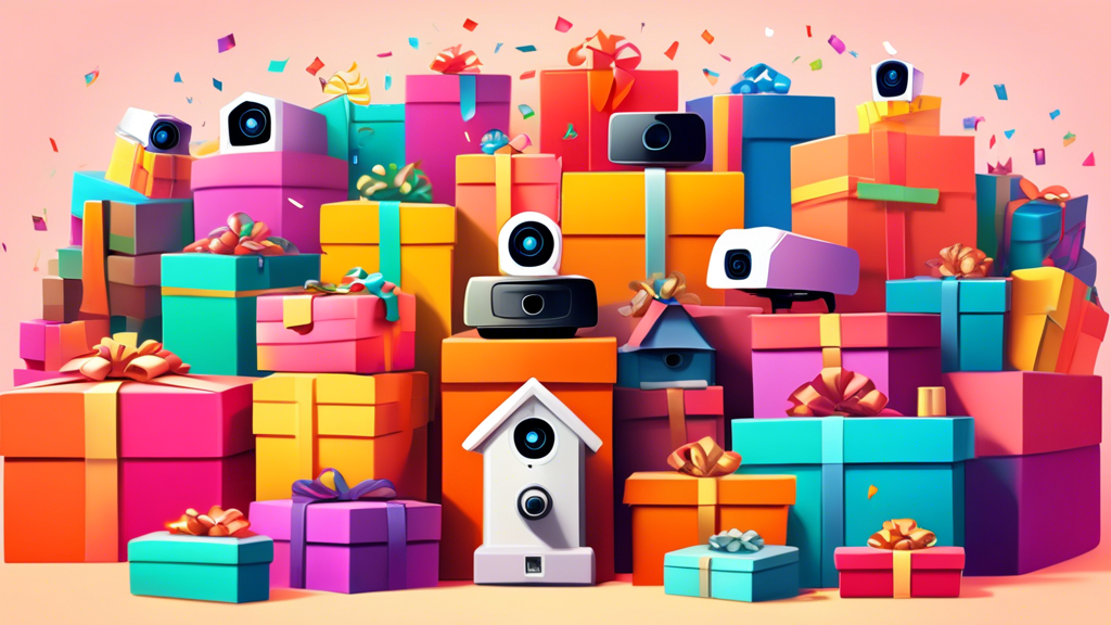 A mountain of colorful gift boxes with a home security camera, a smart lock, and a video doorbell peeking out from the top.