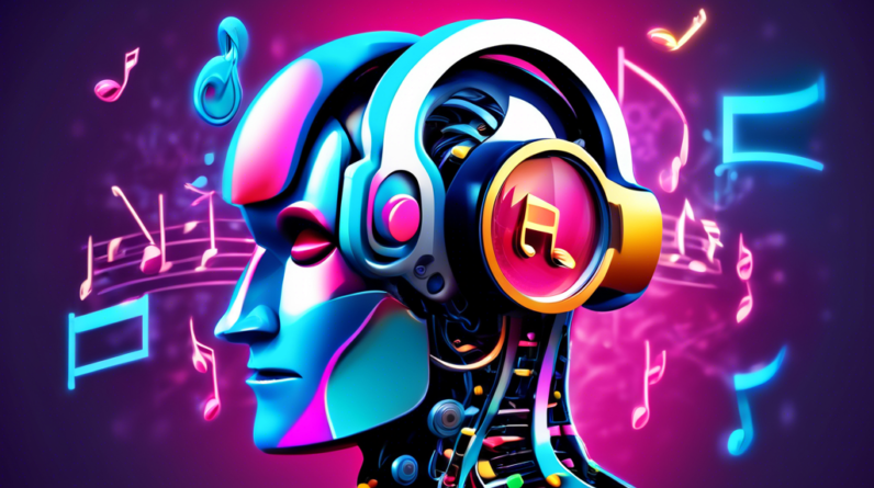 A robotic ear with a magnifying glass examining musical notes emerging from a YouTube video thumbnail.