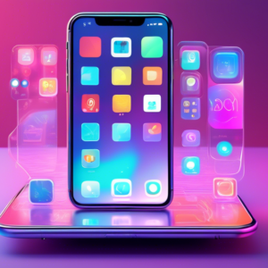 A futuristic iPhone with a transparent screen displaying iOS 18 Beta 3 and holographic app icons floating above it.