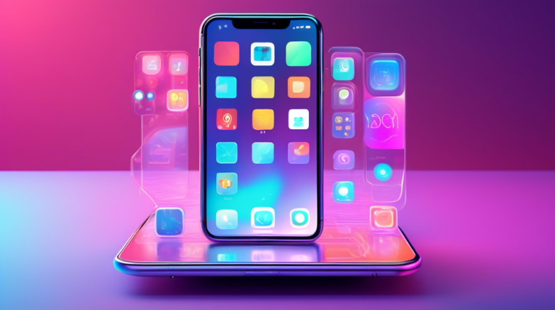 A futuristic iPhone with a transparent screen displaying iOS 18 Beta 3 and holographic app icons floating above it.