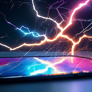 A futuristic iPad Pro and Samsung Galaxy Tab S9 Ultra facing each other, lightning striking between them, circuitry visible beneath cracked screens