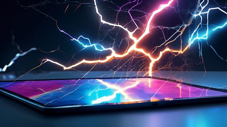 A futuristic iPad Pro and Samsung Galaxy Tab S9 Ultra facing each other, lightning striking between them, circuitry visible beneath cracked screens